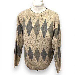 Crossings Vintage Mens Crewneck Pullover Argyle Sweater, Tan, size M